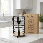 Organizador de Cubiertos de Cocina Metálico con Base de Madera