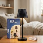 Lámpara de Mesa LED Recargable Pantalla Plisada Negra 3 Tonos